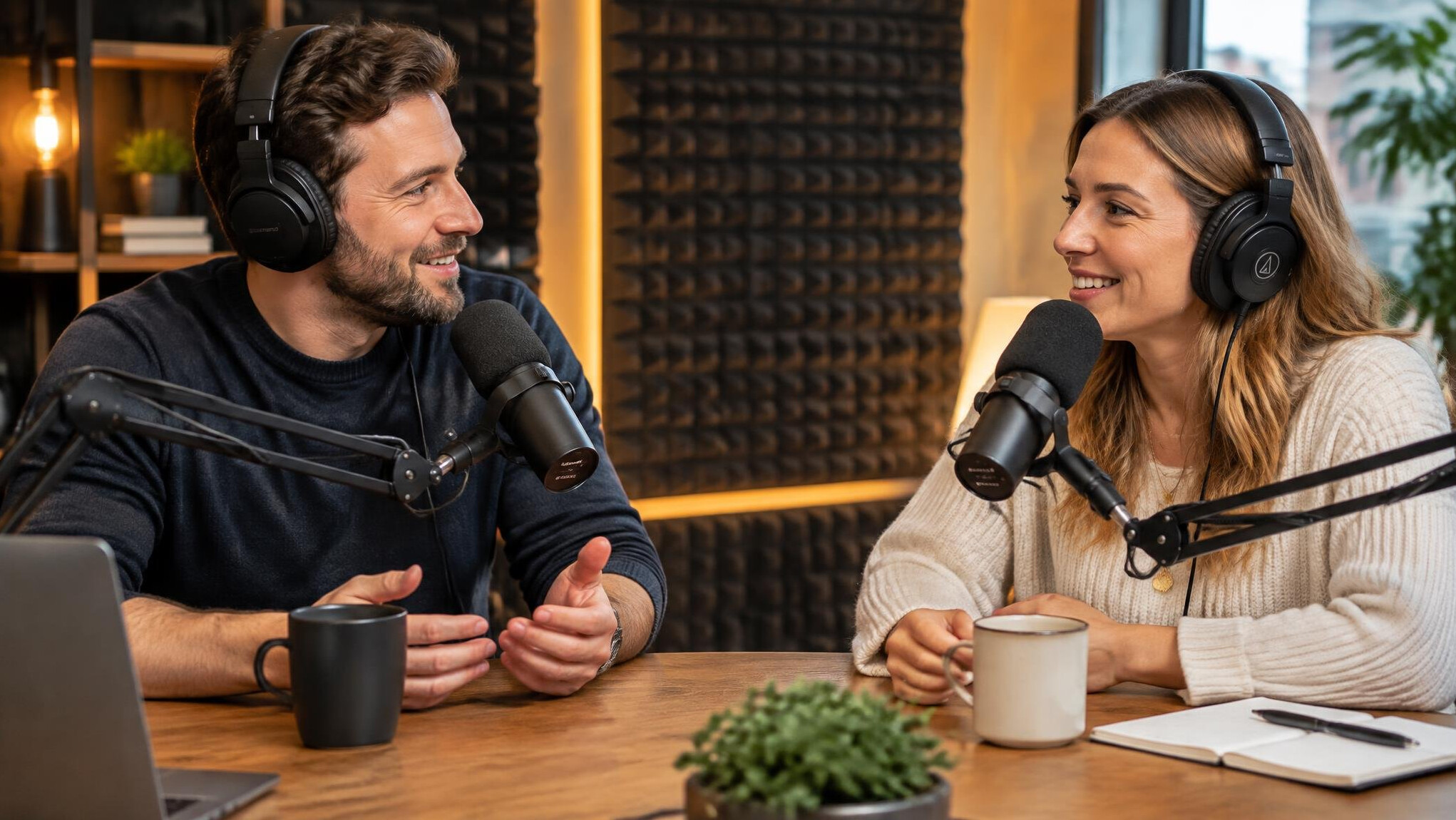 Two podcast hosts recording a conversation in a professional studio with microphones