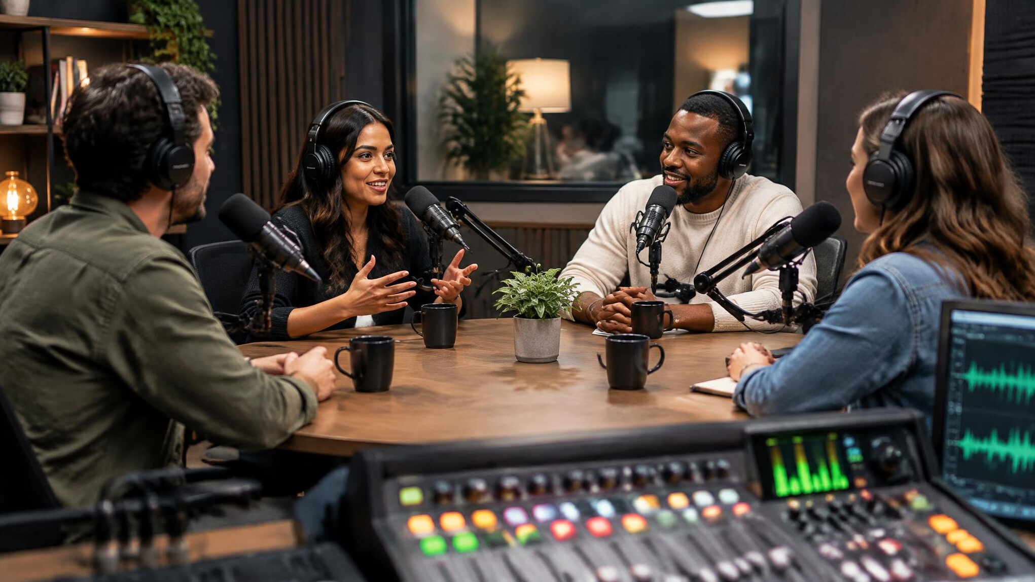 group discussion in podcast studio