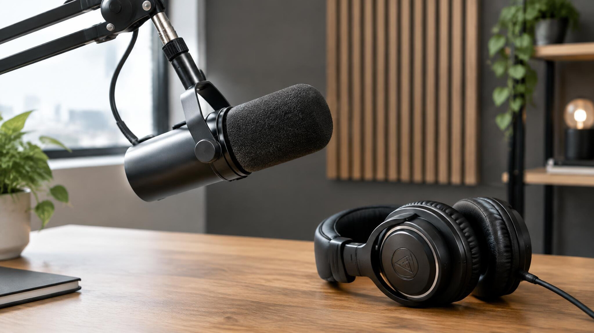 Podcast microphone and headphones set up on a studio desk