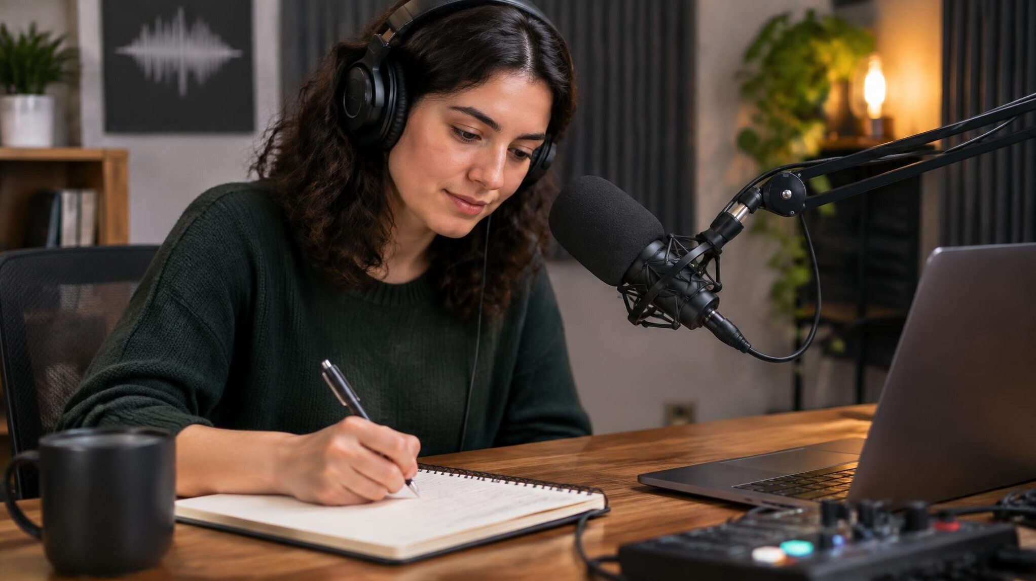 writer recording podcast