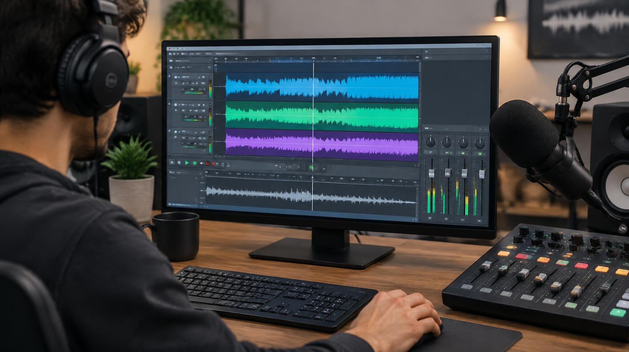 person editing audio on computer